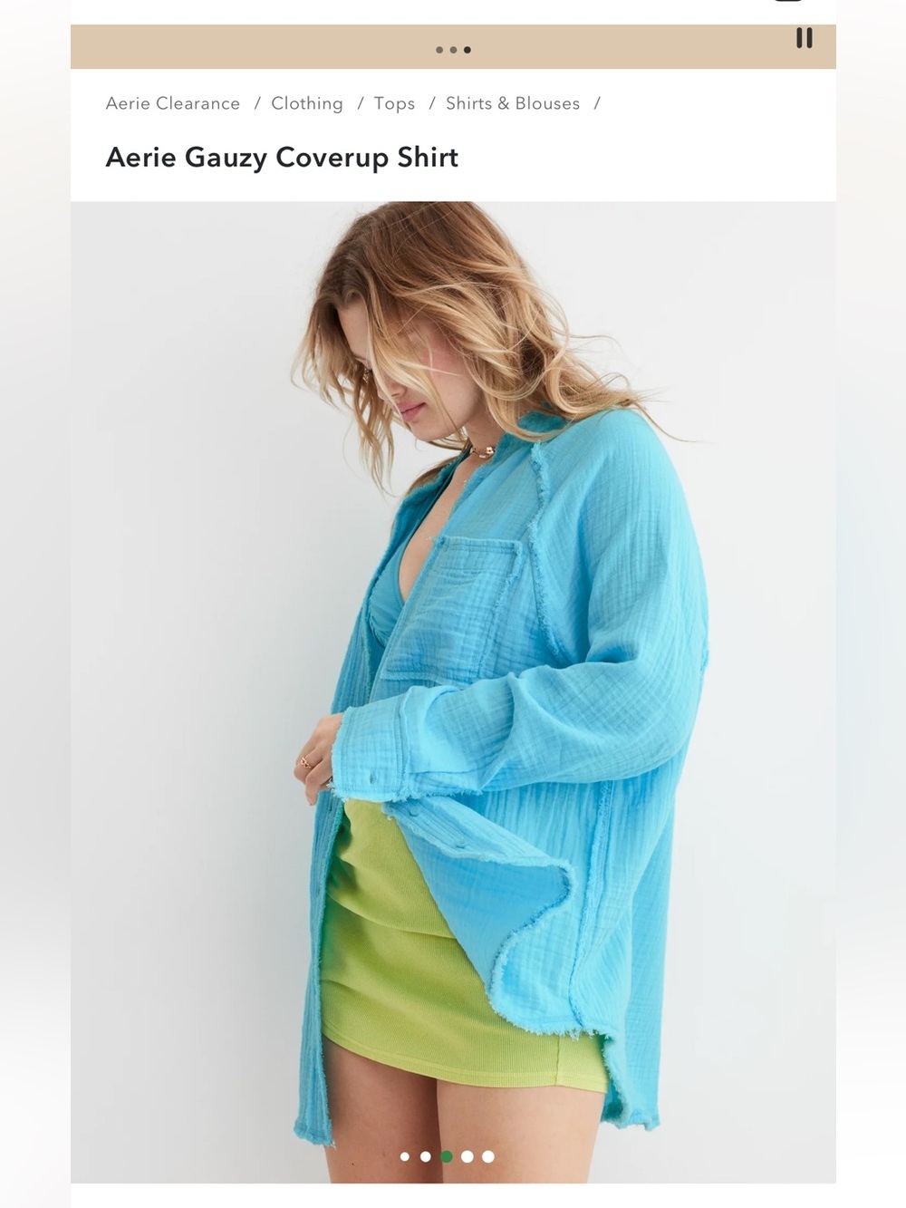 Aerie Gauzy Cover Up Shirt Color Blue Color Big Sur Current Sold Out XS - Picture 2 of 9